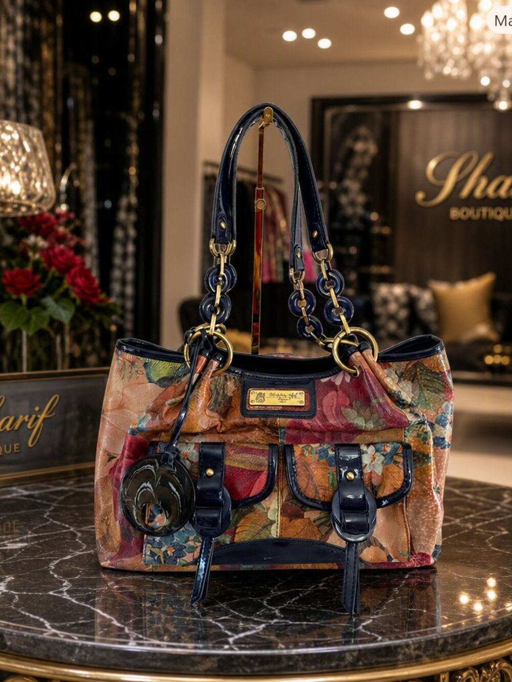 Sharif Multicolor Floral Shoulder Bag with Navy Trim
